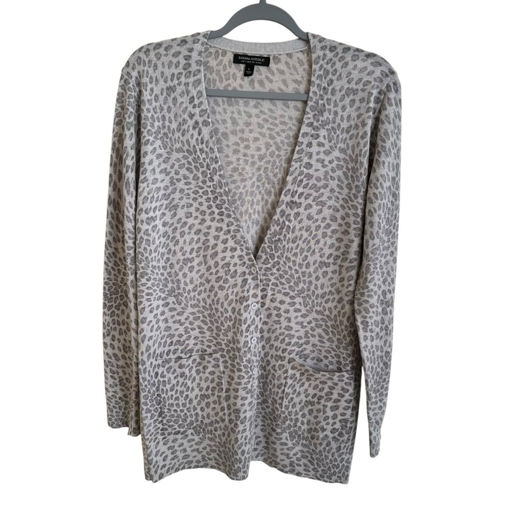 Banana Republic Large 100%‎ Merino Wool Longline Cardigan Sweater Gray Leopard